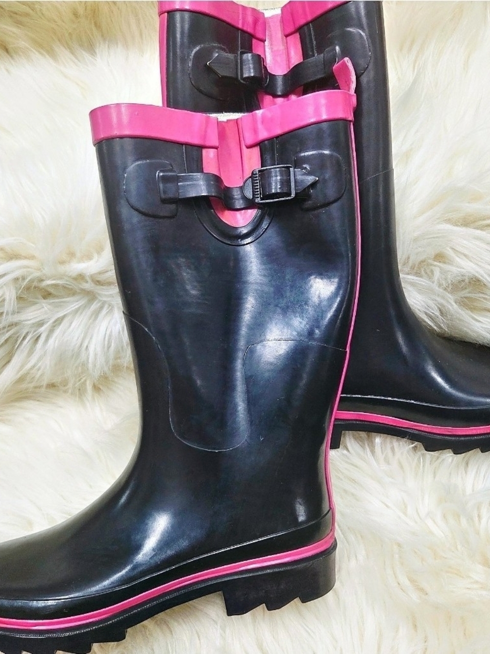 Black/Hot Pink Rain Boots with Pink Trim
